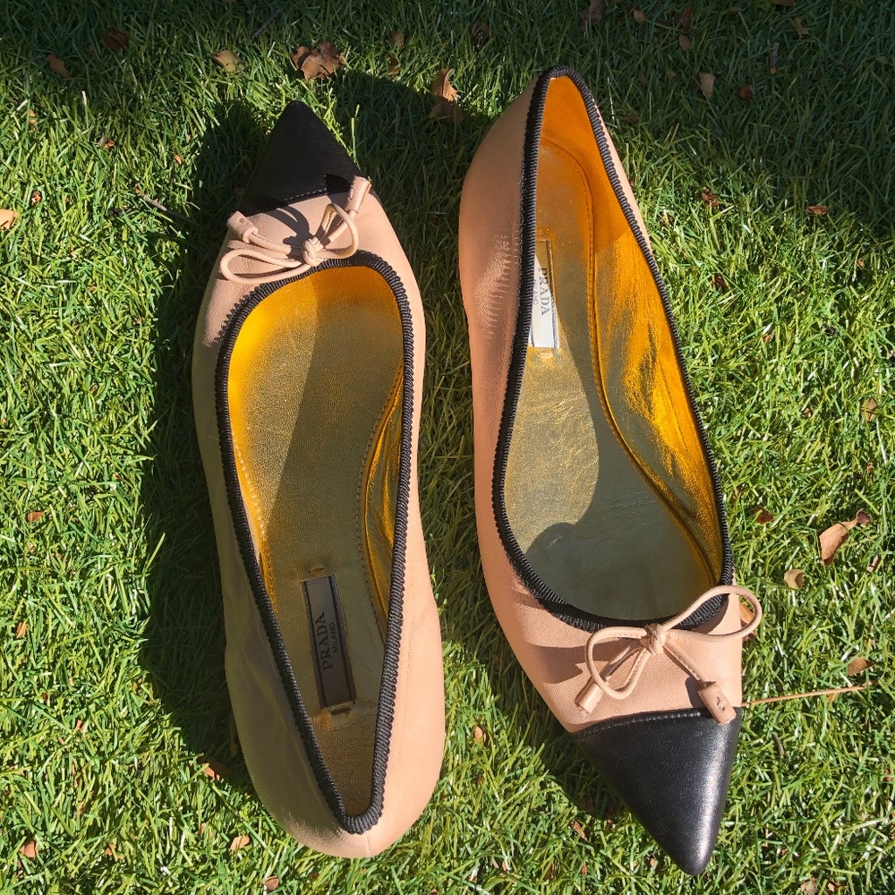 Prada tan leather pointed toe flats